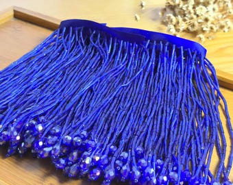 Navy Blue Beaded Fringe Trim, Bridal Sash Applique (1 Yard) X0751 Rhinestone Applique Crystal Bridal Wedding Sash Belt