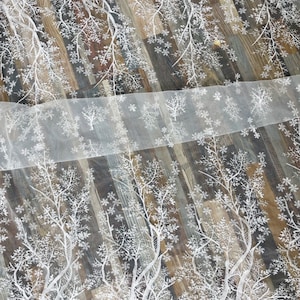 Ivory Leaf Tree Floral Lace Tulle Fabric Applique Lace Fabric Embroidered Wedding Gown Bridal Dress 51&quot; wide 1 yard X0396
