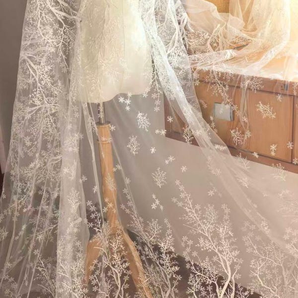 Snowflake Tree Embroidered Tulle Lace Fabric, 51'' Wide S0617 Tulle Gauze Bridal gown wedding lace Bridal Veil