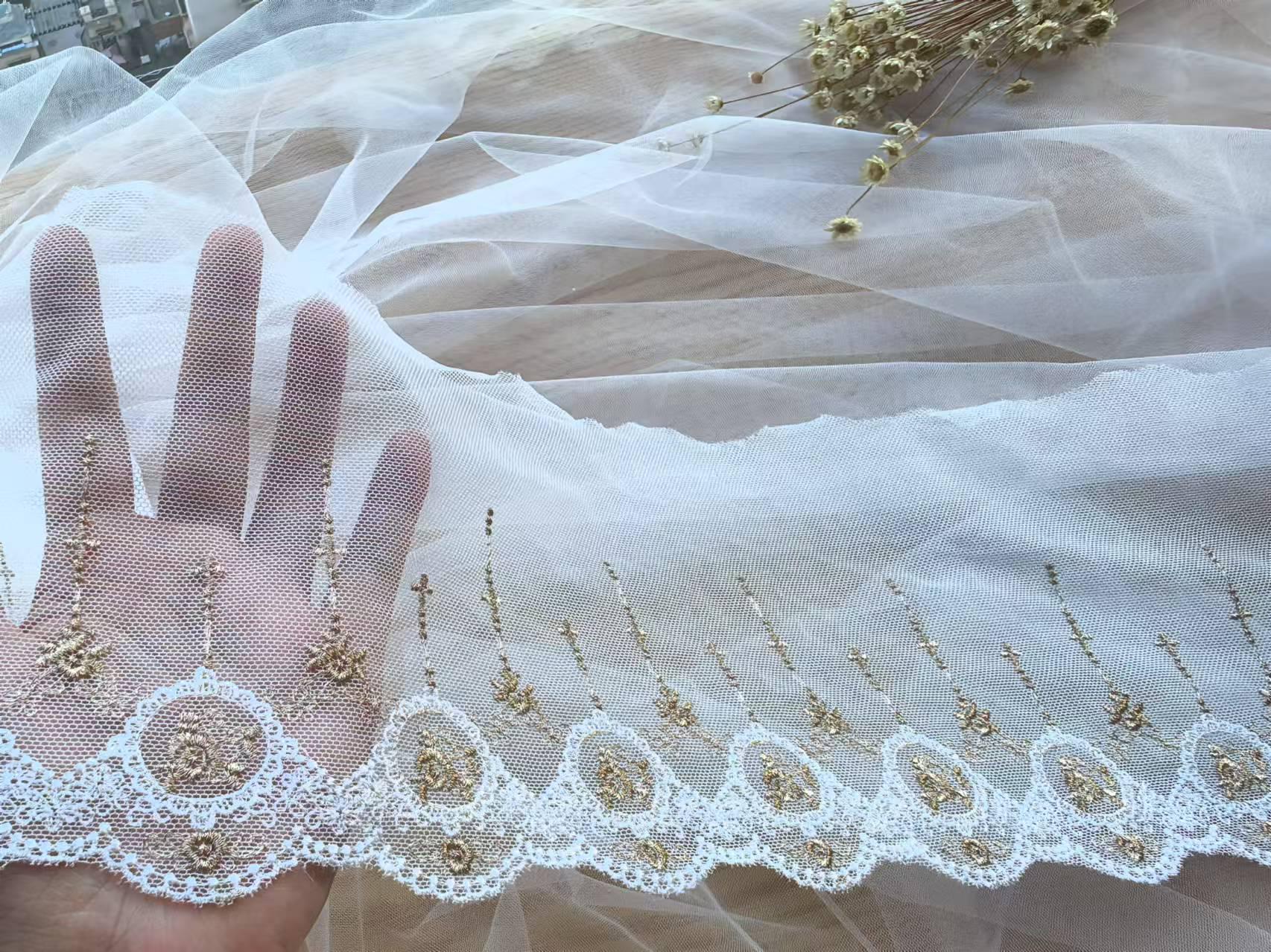 Gold Floral Cross Embroidery Lace Trim, Cotton Tulle (6.69 Inch