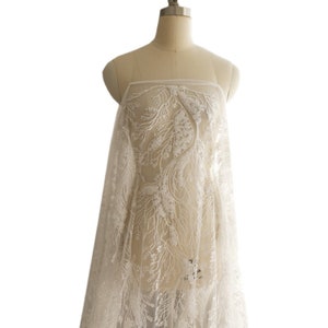 3D Beaded Ivory Floral Lace Tulle with Sequins Fabric Applique Lace Fabric Embroidered Wedding Gown Bridal Dress X0361