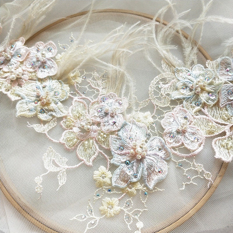 3D Beaded Floral With Feather Yellow tulle Lace trim Appliques | Etsy