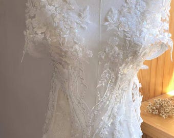 Ivory Beaded Lace Applique, Floral Embroidery Patch for Wedding Bodice X0388 Tulle Gauze Bridal gown wedding lace bridal veil