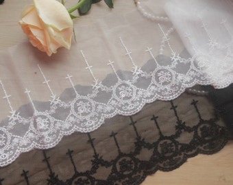 White & Black Rose Floral Lace Trim Embroidery Tulle Lace Trim 4.7 Inch Wide 2 Yards L0458