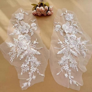 Può includere: Due applicazioni in pizzo bianco simmetriche con intricati ricami floreali, paillettes trasparenti e perline su una base in rete trasparente. I disegni includono petali, foglie e viticci dettagliati, accompagnati da un piccolo mazzetto di boccioli di rosa artificiali.