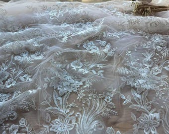 Ivory Floral Lace Fabric Applique, Embroidered Wedding Gown Bodice H0505 Tulle Gauze Bridal gown wedding lace bridal veil