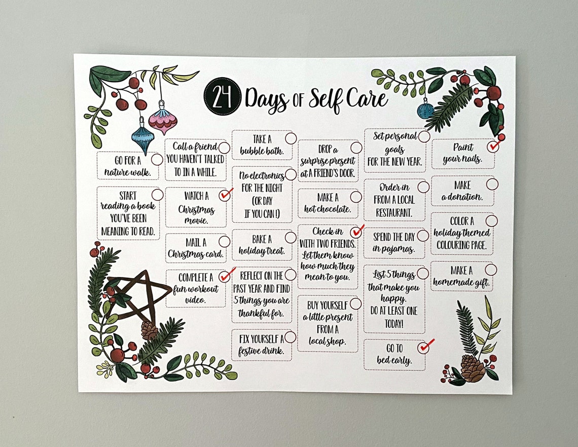 Self care Advent Calendar. Holiday themed. Printable. Instant Etsy