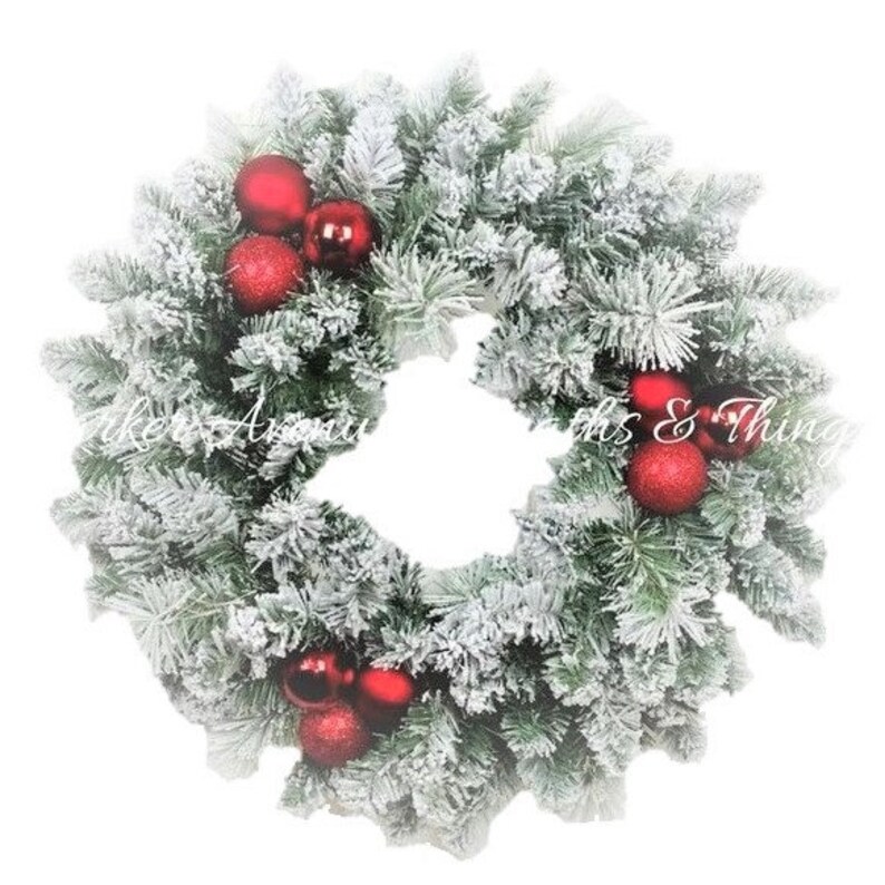 Beautiful flocked christmas wreath with red ornaments  etsy