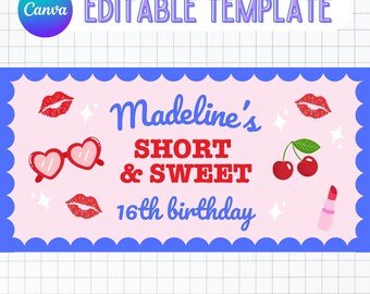 May include: A pink banner with the text "Madeline's SHORT & SWEET 16th birthday" in blue and red. The banner includes illustrations of red lips, heart-shaped sunglasses, cherries, and lipstick. The top left corner has a Canva logo and the words "EDITABLE TEMPLATE".