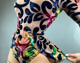 Exotic Dance wear, Floral pattern, Spandex leotard, dance costume, circus outfit, trending now, Festival outfit.