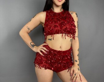 Pole Dance costume. Crop top and bottoms set, exotic dance wear, trending now, Gogo outfit, rave outfit, festival fashion.