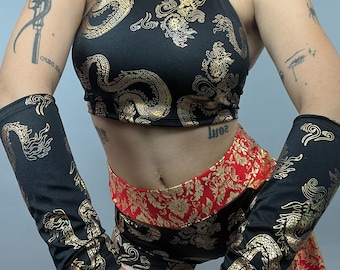 Chinese Dragon Print Festival Activewear Two Piece Gymnast Set