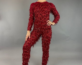 Red Cherry Jumpsuit, Catsuit costume. Christmas outfit, festival fashion, trending now, exotic dance wear.