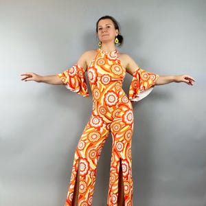 Retro 70s Bell Bottom Jumpsuit: Open Back Flower Catsuit