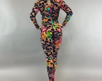 Elegant Sheer Catsuit: Exotic Dancer Showgirl Costume, Burlesque Aerial Jumpsuit, Festival Fashion
