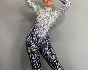 Beautiful Sequin Jumpsuit, Exotic Dance wear, Gymnastic costume, Futuristic Fashion, Festival catsuit, trending now.