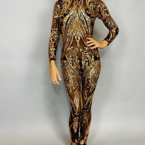Gold Sequins Catsuit. Contortionist costume, elegant sexy fashion for dancers, circus performers, party outfit, stage clothing.