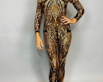 Gold Sequins Catsuit. Contortionist costume, elegant sexy fashion for dancers, circus performers, party outfit, stage clothing.