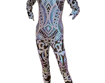 Unicorn on black mesh. Gumnastic Catsuit. Exotic Dance wear , Trending Now, circus performers, party outfit, wedding bodysuit .