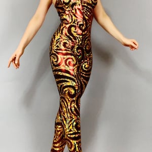 Gold/Red Open Back Catsuit: Halter Lycra Costume