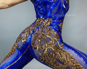 Bright Blue Sequin Catsuit for Dance, Gymnastics, Bridal, Circus, and More
