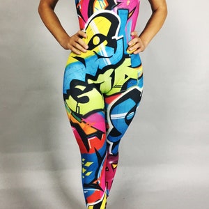 Graffiti Print Bodysuit: Street Style Jumpsuit Costume