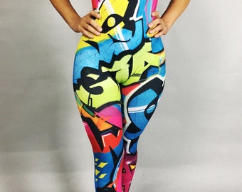 Bodysuit for woman or man, Street style Graffiti print jumpsuit, Modern costume for dancers, aerialists, gymnast.