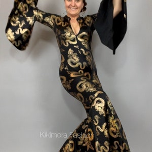 Disco jumpsuit. Custom Bell bottom Catsuit. Elegant Party jumpsuit. Made by measure. Dragon print.