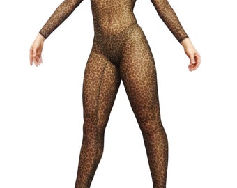 Cheetah print, Sheer bodysuit, Sexy catsuit, Dance wear,Festival Fashion,Trending now, Exotic Dance wear
