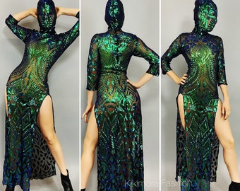 Sheer sequins dress, Trending now,Festival Fashion, Futuristic clothing, alien Headpiece , Exotic dance wear. Couture clothing