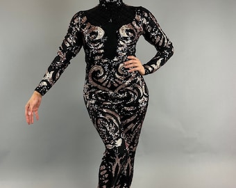 Beautiful Sequin Jumpsuit, Exotic Dance wear, Gymnastic costume, Futuristic Fashion, Festival catsuit, trending now.
