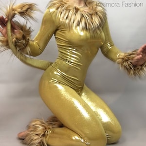 Goldener Löwe Kostüm: Hologramm Lycra Spandex Overall