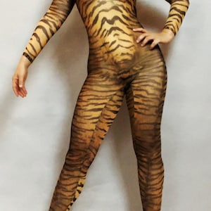 Sheer Tiger Catsuit: Exotic Dance Bodysuit for Aerialists, Unisex Power Mesh Costume Made in USA