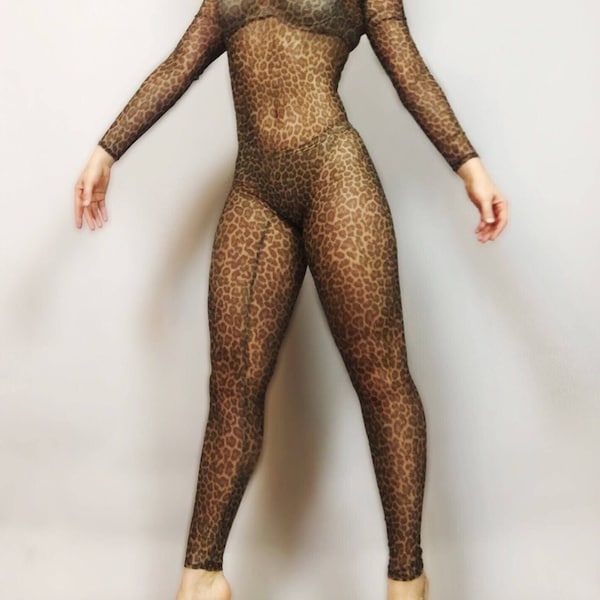 Cheetah print, Sheer bodysuit, Sexy catsuit, Dance wear,Festival Fashion,Trending now, Exotic Dance wear