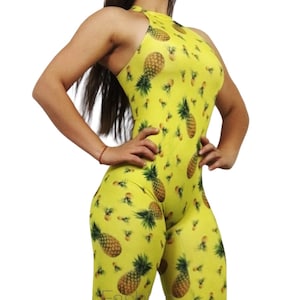 Pineapple Print Catsuit: Exotic Lycra Jumpsuit, Festival Fashion