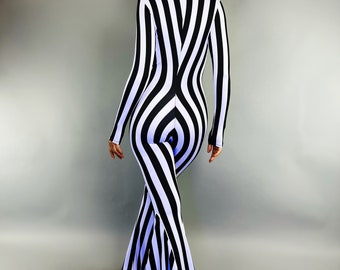 Trendy Disco Dance Jumpsuit: Striped Bell-Bottom Party Costume for Festivals & Halloween