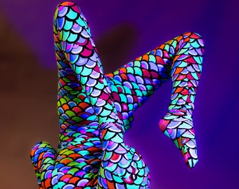 Costume for gymnast,Futuristic clothing, Coachella outfit, Exotic dance wear, trending now. Mermaid bodysuit.