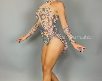 Glittering Showgirl Diamond Sequin Leotard: Exotic Dance Costume for Salsa, Burlesque & Bridal