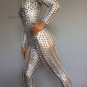 Silver robot costume, bodysuit for woman or man, exotic dance wear, futuristic clothing