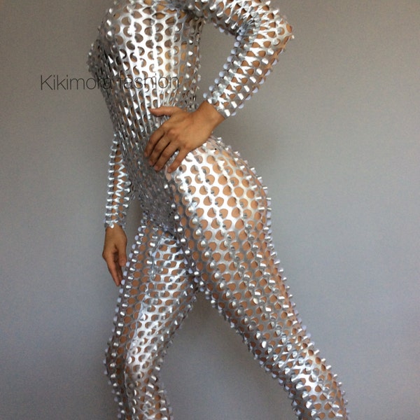 Silver robot costume, bodysuit for woman or man, exotic dance wear, futuristic clothing