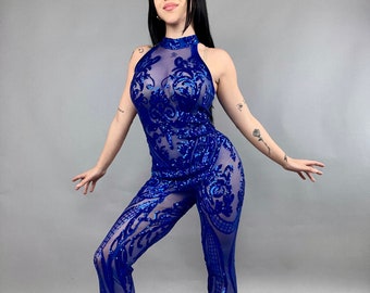 ROYAL BLUE Glamour Catsuit, sequins jumpsuit, stage costume, gymnastic and party outfit.