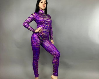 Avatar purple. Catsuit, bodysuit costume for aerial ,contortion show, trending now, exotic dance wear.