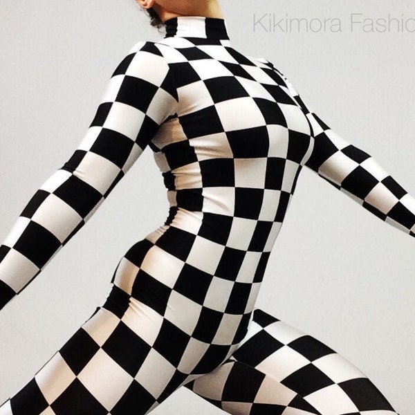 Checkers print, catsuit costume, Exotic Dance wear, Neon Glow, Circus outfit.Trending now.