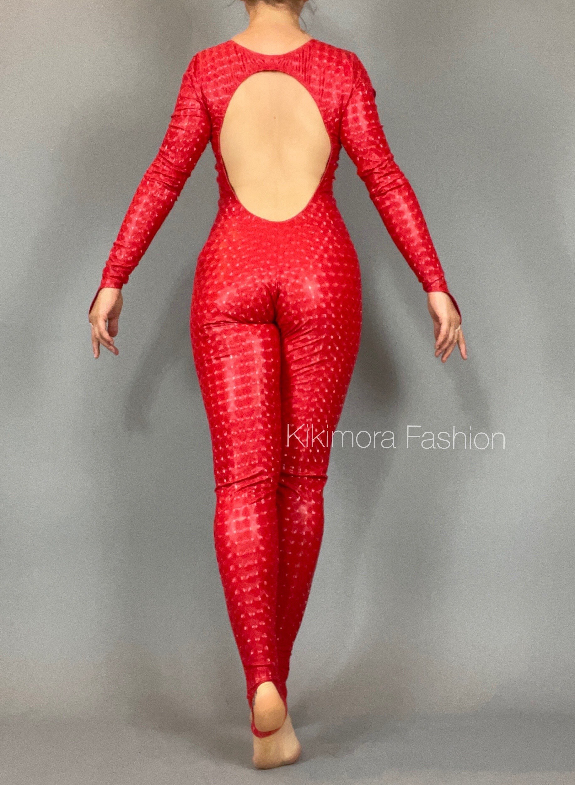 Gizel Red Vinyl Peplum Bodysuit Sexy Latex Red Bodysuit Red V