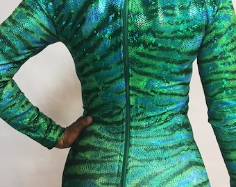 Tiger Green. Catsuit, bodysuit costume for aerial ,contortion show, trending now, exotic dance wear.