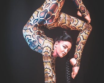 Snake costume, Contortion outfit, exotic dance wear, water sport clothing, Lycra catsuit, trendy now, festival fashion.