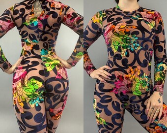 Elegant Catsuit, Exotic dance wear, sheer clothing, trending now, showgirl costume, burlesque costume, aerial jumpsuit.