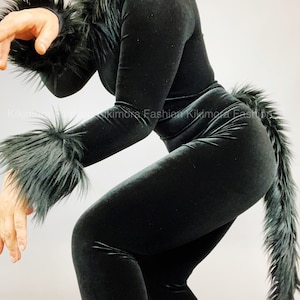 Zwart kattenkostuum, exotische danskleding, kattenvrouw, fluwelen catsuit, nu trending.