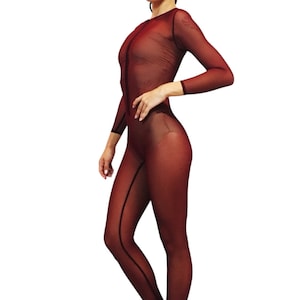 Dark Chery Mesh Catsuit. Bodysuit, costume for dancers, circus performers , festival party.