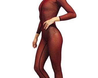 Dark Chery Mesh Catsuit. Bodysuit, costume for dancers, circus performers , festival party.
